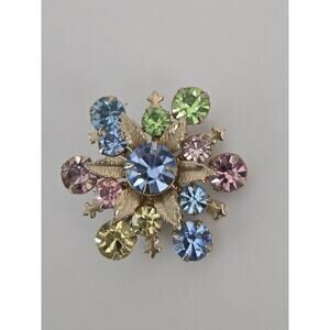 Vintage Brightly Colored Rhinestones And Gold Tone Metal Design 1.5 Inches